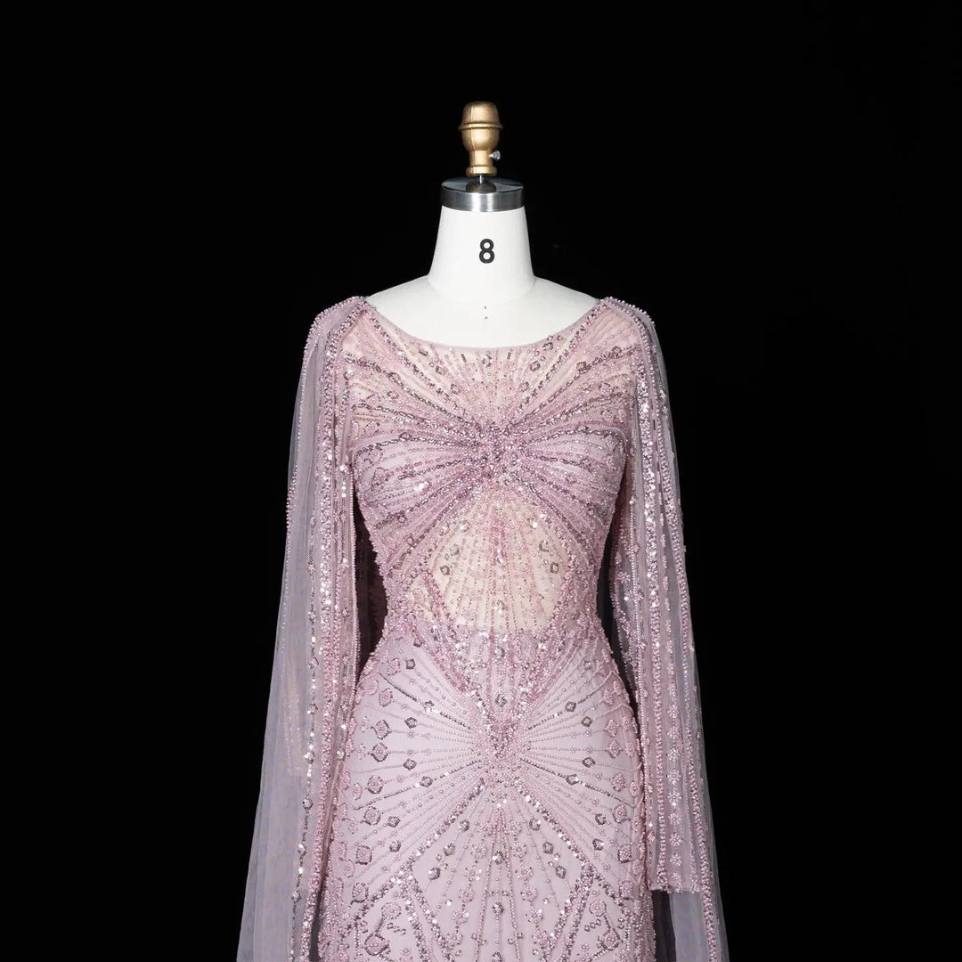 Beaded Long Sleeve Cape Mermaid Prom Evening Dress SS051