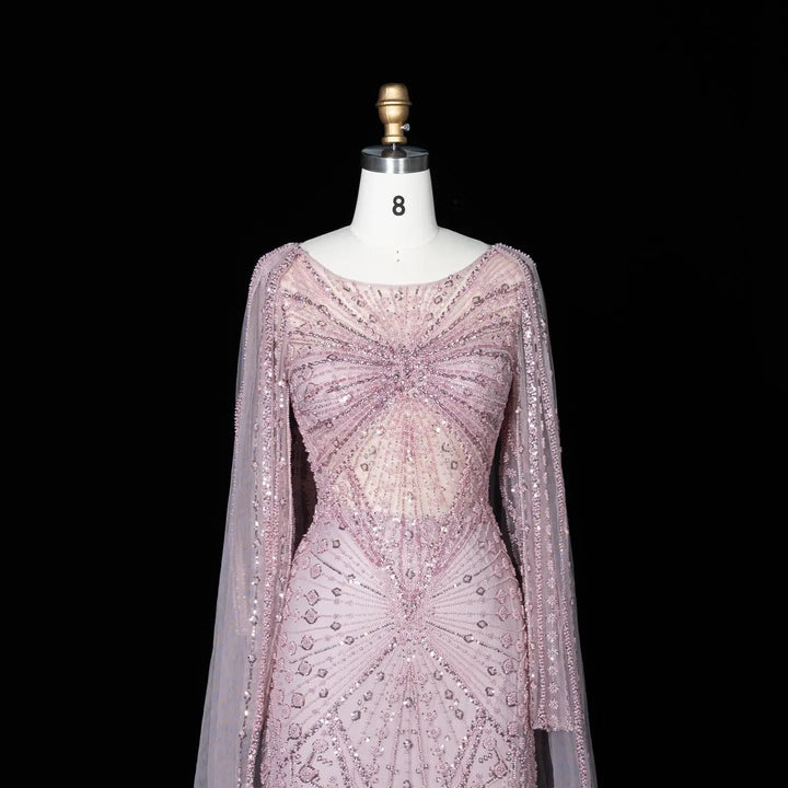 Beaded Long Sleeve Cape Mermaid Prom Evening Dress SS051