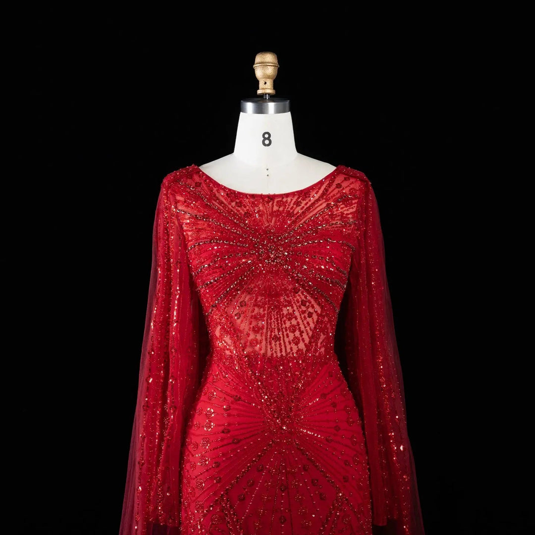 Beaded Long Sleeve Cape Mermaid Prom Evening Dress SS051