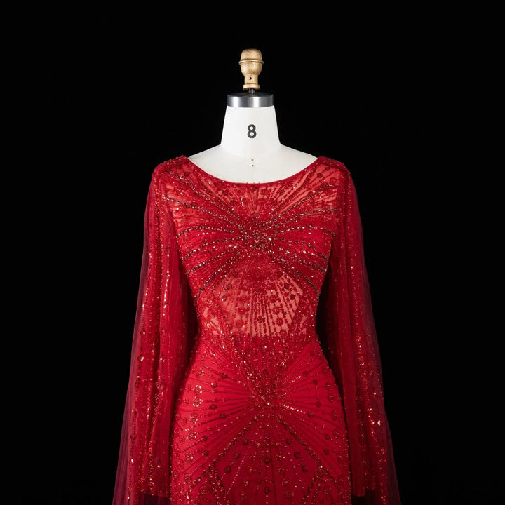 Beaded Long Sleeve Cape Mermaid Prom Evening Dress SS051