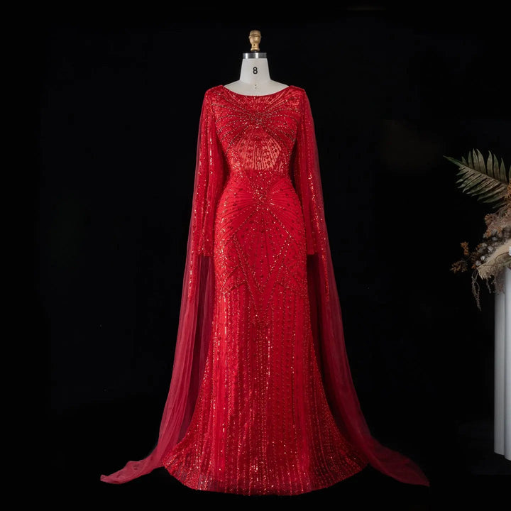 Beaded Long Sleeve Cape Mermaid Prom Evening Dress SS051
