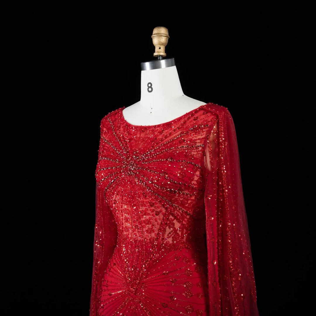 Beaded Long Sleeve Cape Mermaid Prom Evening Dress SS051