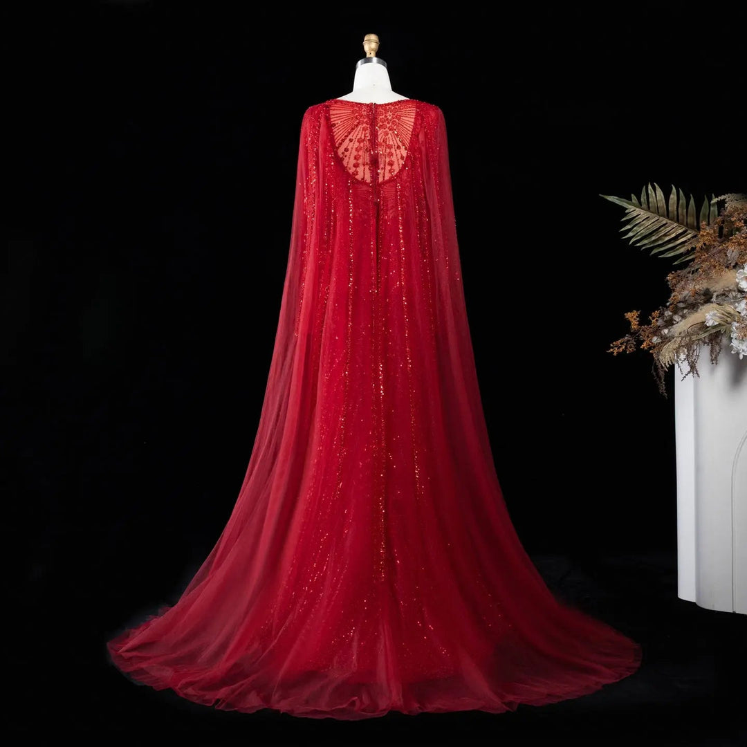 Beaded Long Sleeve Cape Mermaid Prom Evening Dress SS051