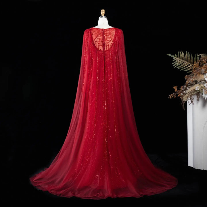 Beaded Long Sleeve Cape Mermaid Prom Evening Dress SS051