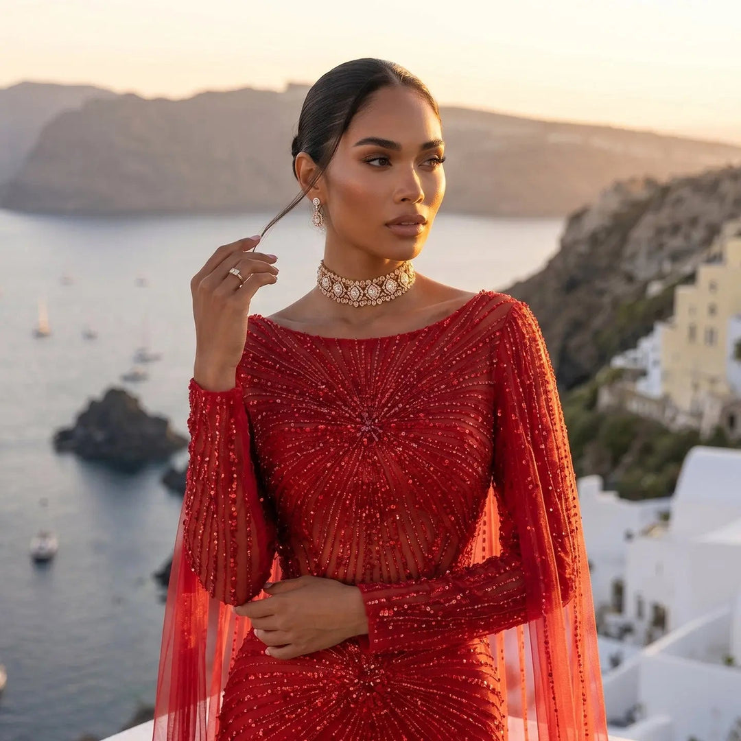 Beaded Long Sleeve Cape Mermaid Prom Evening Dress SS051