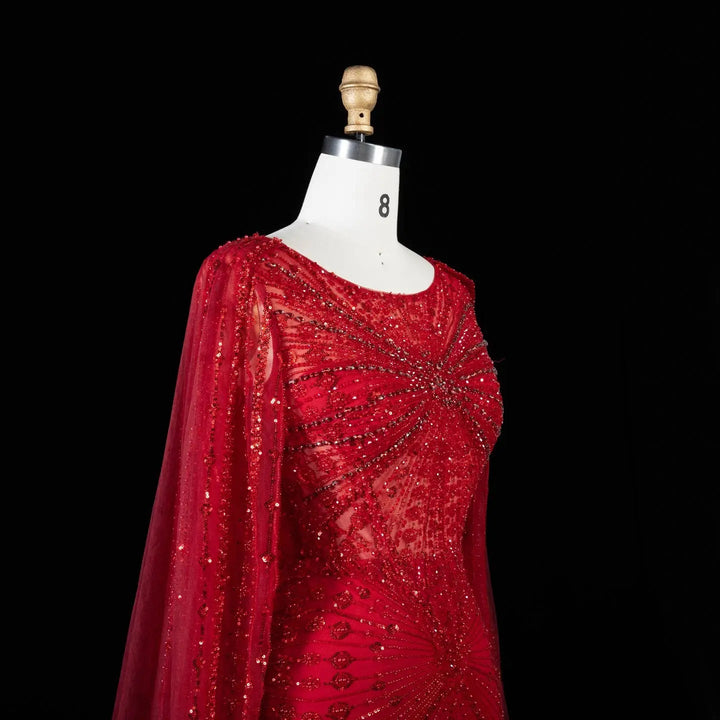 Beaded Long Sleeve Cape Mermaid Prom Evening Dress SS051