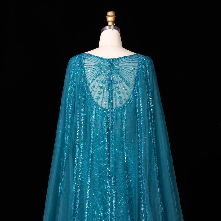 Beaded Long Sleeve Cape Mermaid Prom Evening Dress SS051