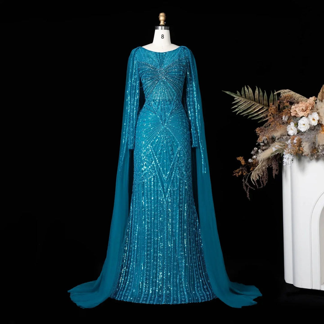 Beaded Long Sleeve Cape Mermaid Prom Evening Dress SS051