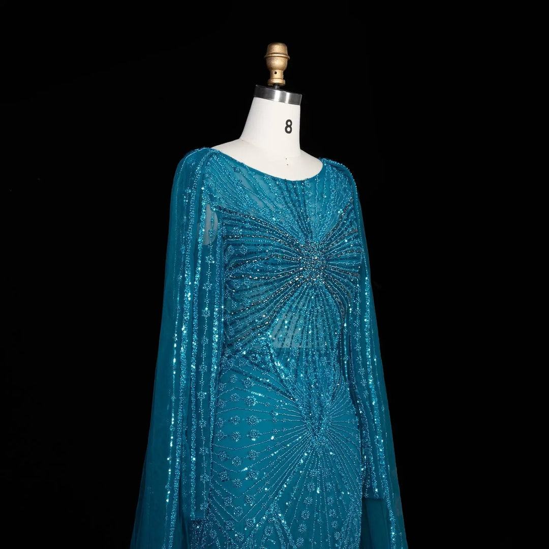 Beaded Long Sleeve Cape Mermaid Prom Evening Dress SS051