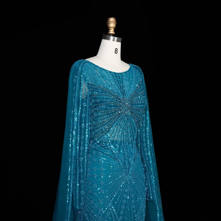 Beaded Long Sleeve Cape Mermaid Prom Evening Dress SS051