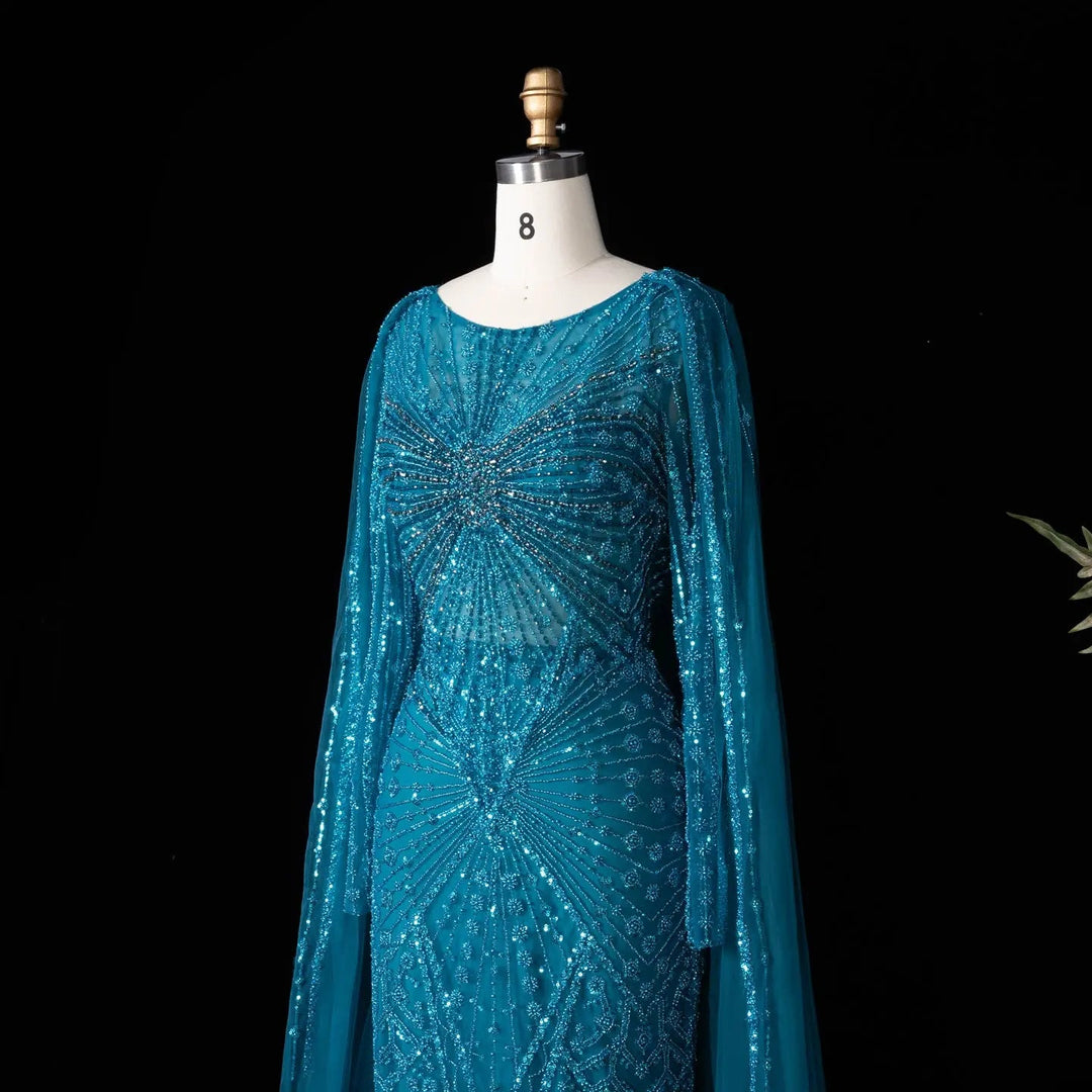 Beaded Long Sleeve Cape Mermaid Prom Evening Dress SS051