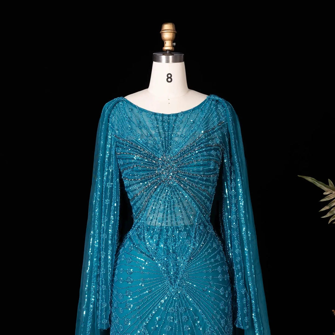 Beaded Long Sleeve Cape Mermaid Prom Evening Dress SS051