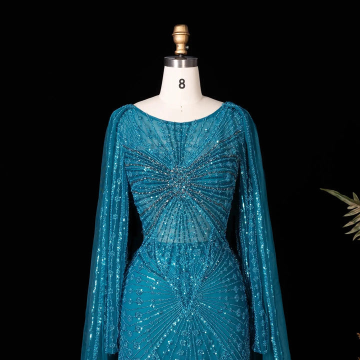 Beaded Long Sleeve Cape Mermaid Prom Evening Dress SS051