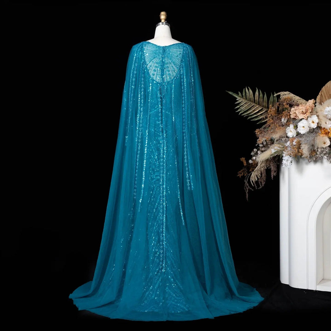 Beaded Long Sleeve Cape Mermaid Prom Evening Dress SS051