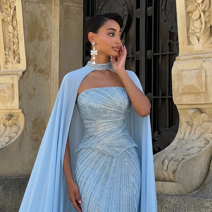 DreamyVow Blue strapless beaded sheath with flowing cape Evening Dress Prom Dress SS112