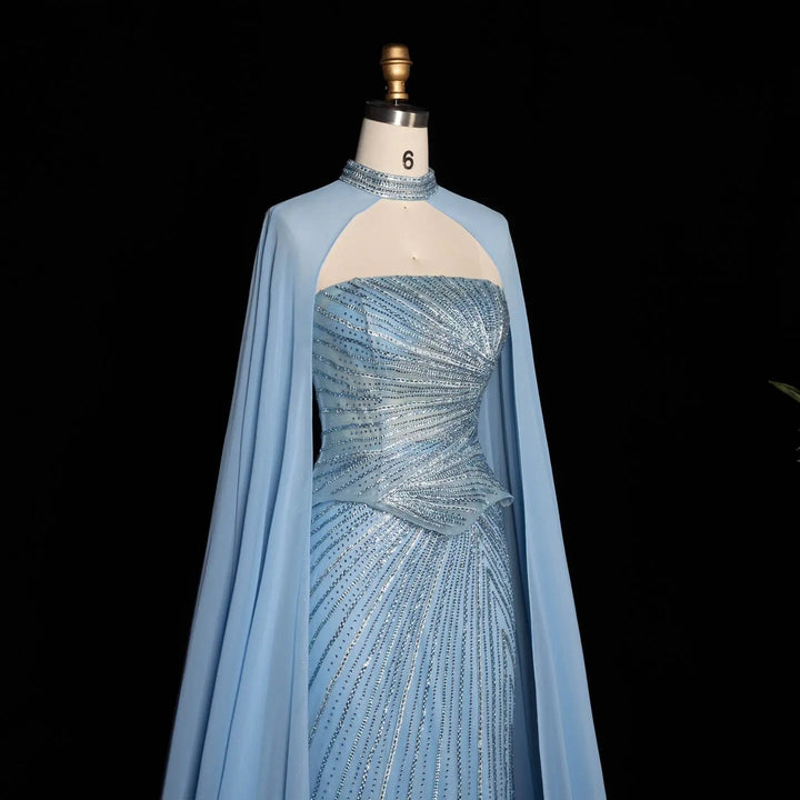 DreamyVow Blue strapless beaded sheath with flowing cape Evening Dress Prom Dress SS112