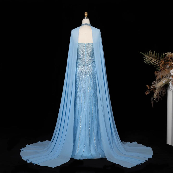 DreamyVow Blue strapless beaded sheath with flowing cape Evening Dress Prom Dress SS112