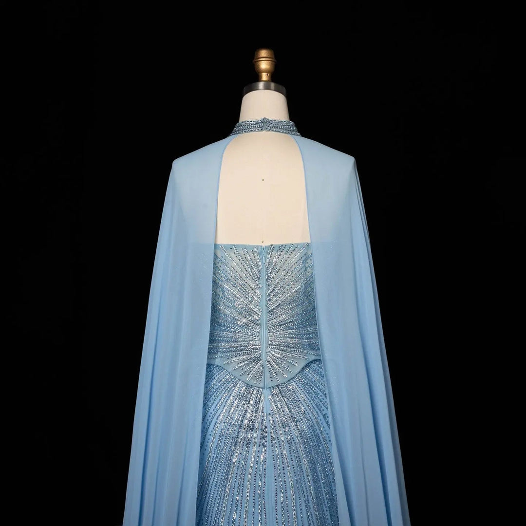 DreamyVow Blue strapless beaded sheath with flowing cape Evening Dress Prom Dress SS112