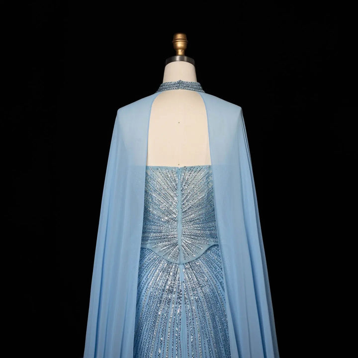 DreamyVow Blue strapless beaded sheath with flowing cape Evening Dress Prom Dress SS112