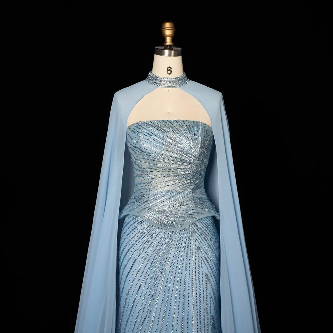 DreamyVow Blue strapless beaded sheath with flowing cape Evening Dress Prom Dress SS112