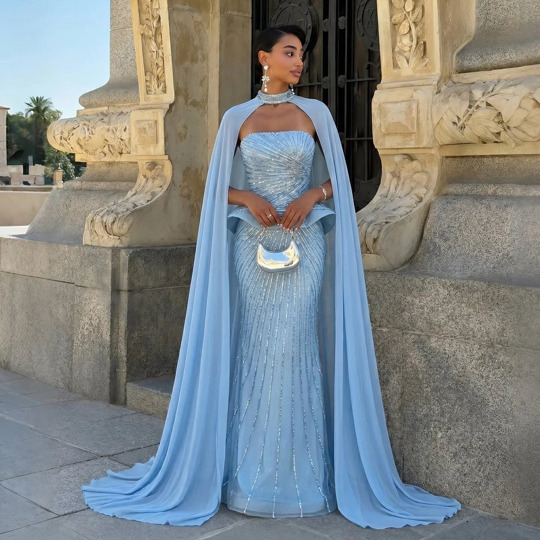 DreamyVow Blue strapless beaded sheath with flowing cape Evening Dress Prom Dress SS112