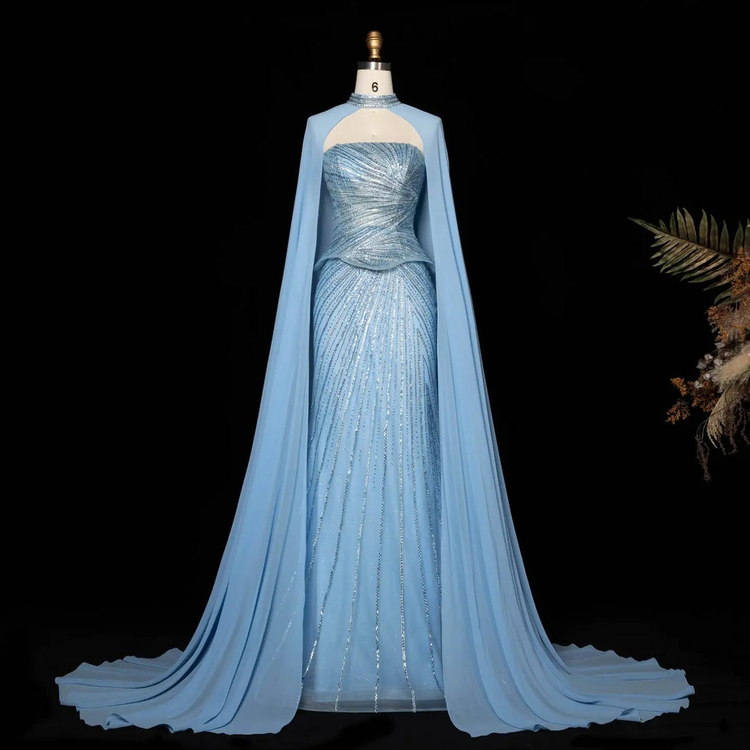 DreamyVow Blue strapless beaded sheath with flowing cape Evening Dress Prom Dress SS112