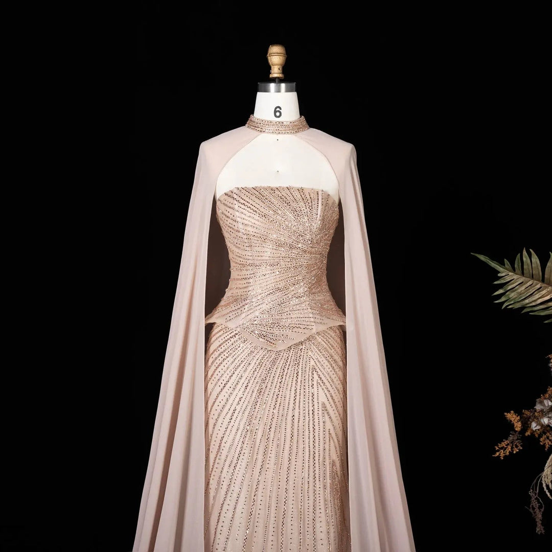 DreamyVow Champagne strapless beaded sheath with flowing cape Evening Dress Prom Dress SS112