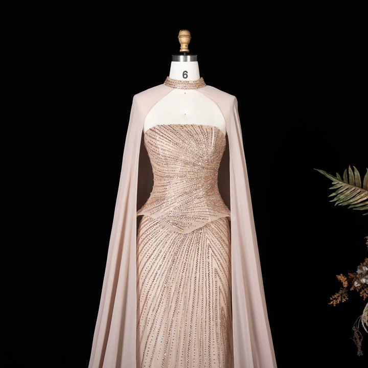 DreamyVow Champagne strapless beaded sheath with flowing cape Evening Dress Prom Dress SS112