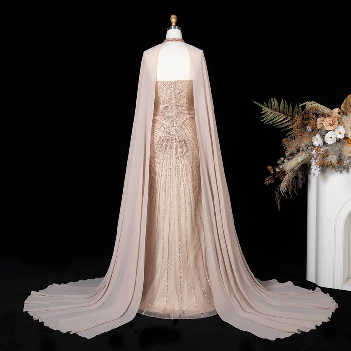 DreamyVow Champagne strapless beaded sheath with flowing cape Evening Dress Prom Dress SS112