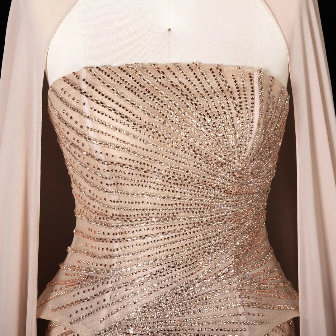 DreamyVow Champagne strapless beaded sheath with flowing cape Evening Dress Prom Dress SS112