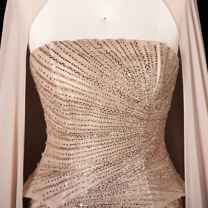 DreamyVow Champagne strapless beaded sheath with flowing cape Evening Dress Prom Dress SS112