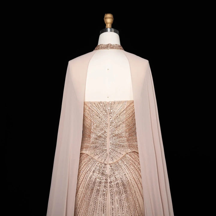 DreamyVow Champagne strapless beaded sheath with flowing cape Evening Dress Prom Dress SS112