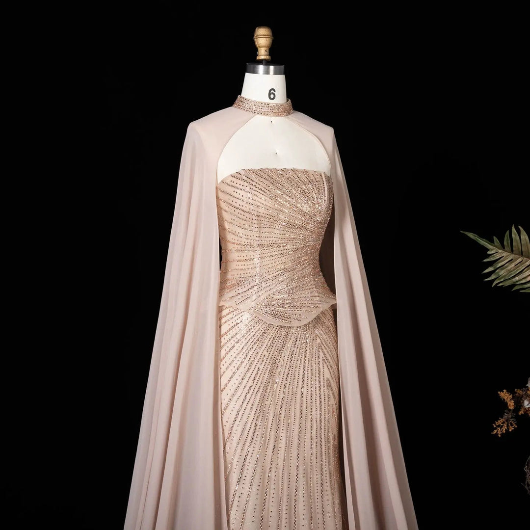 DreamyVow Champagne strapless beaded sheath with flowing cape Evening Dress Prom Dress SS112
