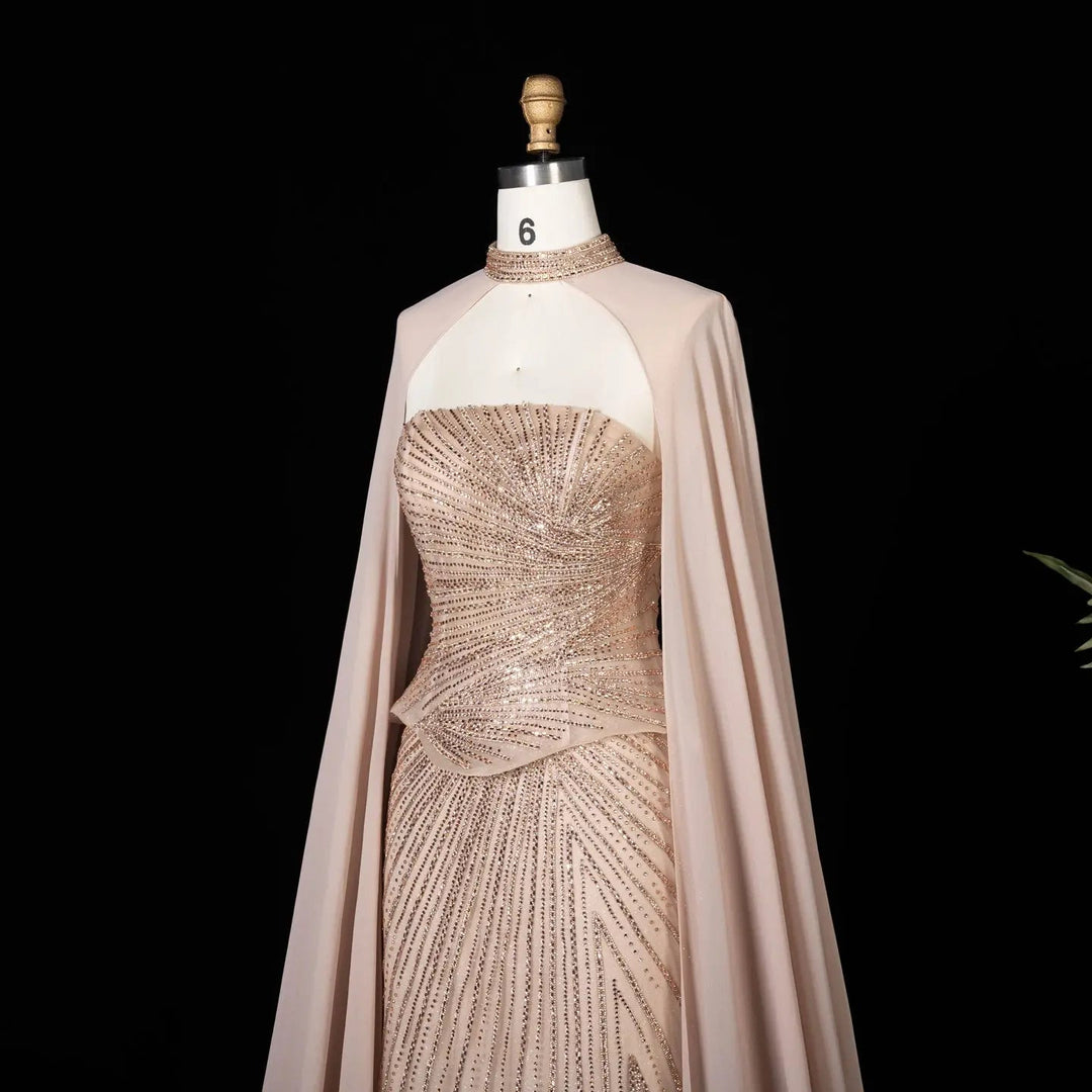 DreamyVow Champagne strapless beaded sheath with flowing cape Evening Dress Prom Dress SS112