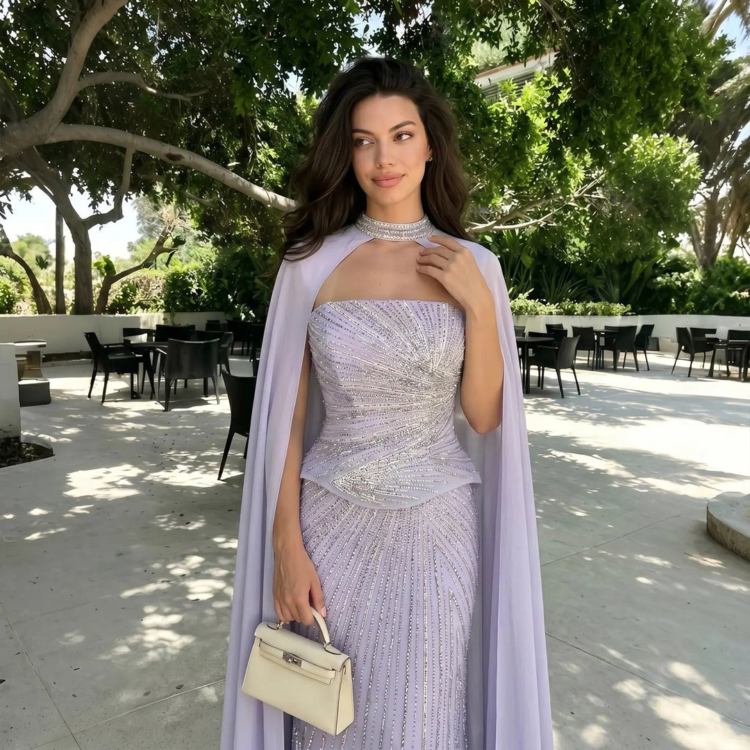 DreamyVow Lilac strapless beaded sheath with flowing cape Evening Dress Prom Dress SS112
