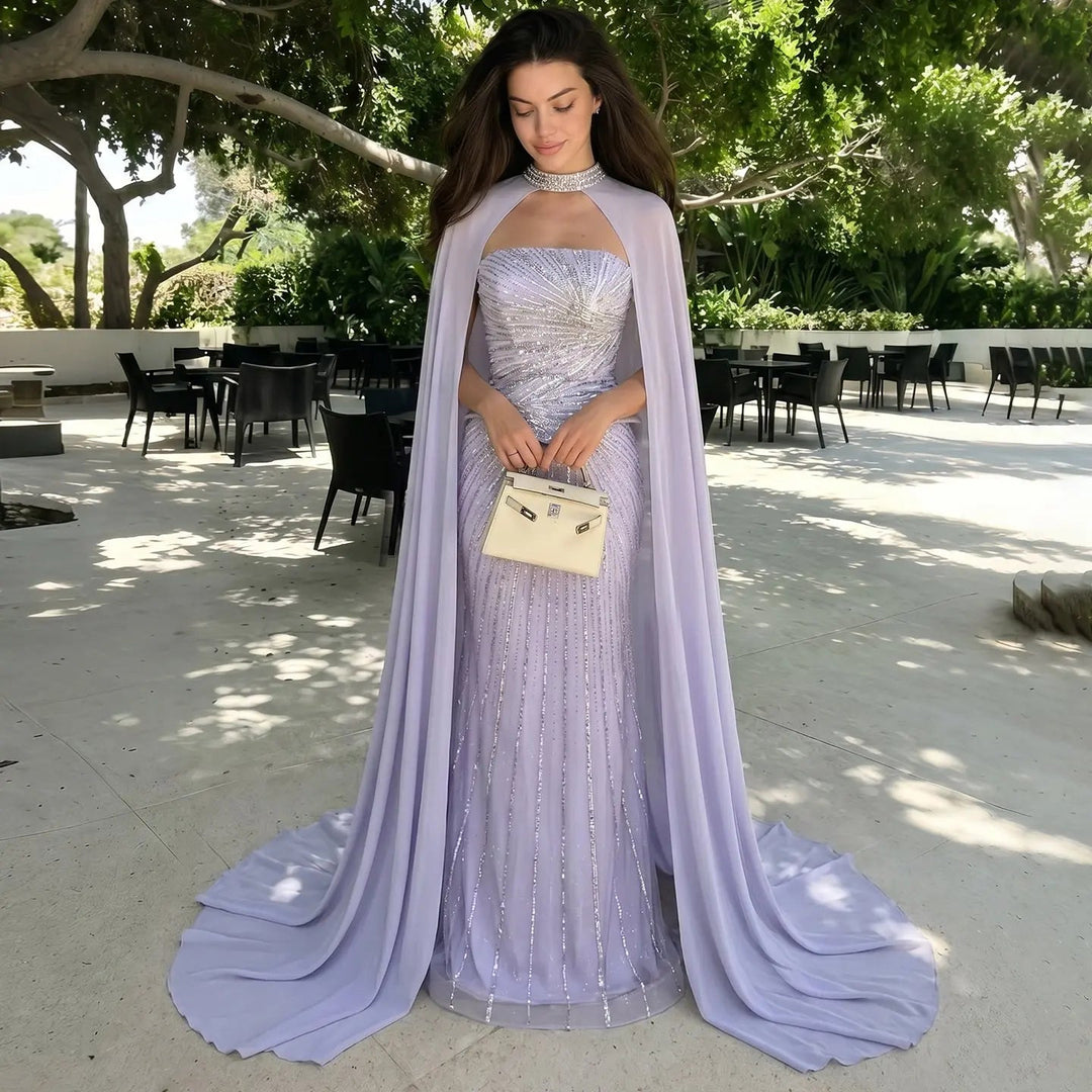 DreamyVow Lilac strapless beaded sheath with flowing cape Evening Dress Prom Dress SS112