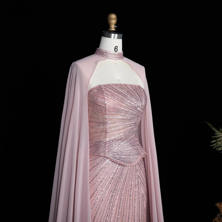 DreamyVow Pink strapless beaded sheath with flowing cape Evening Dress Prom Dress SS112