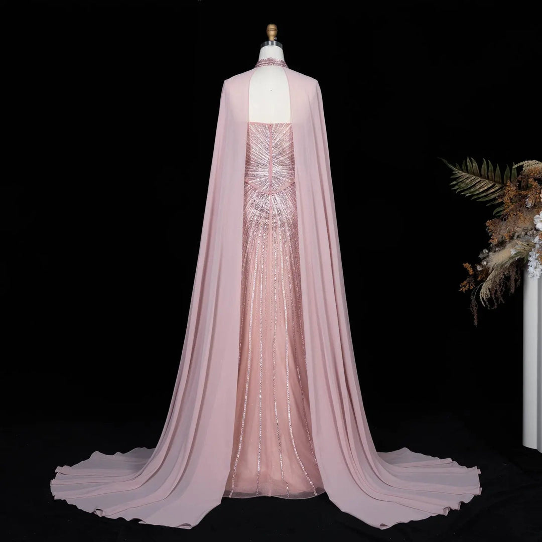 DreamyVow Pink strapless beaded sheath with flowing cape Evening Dress Prom Dress SS112