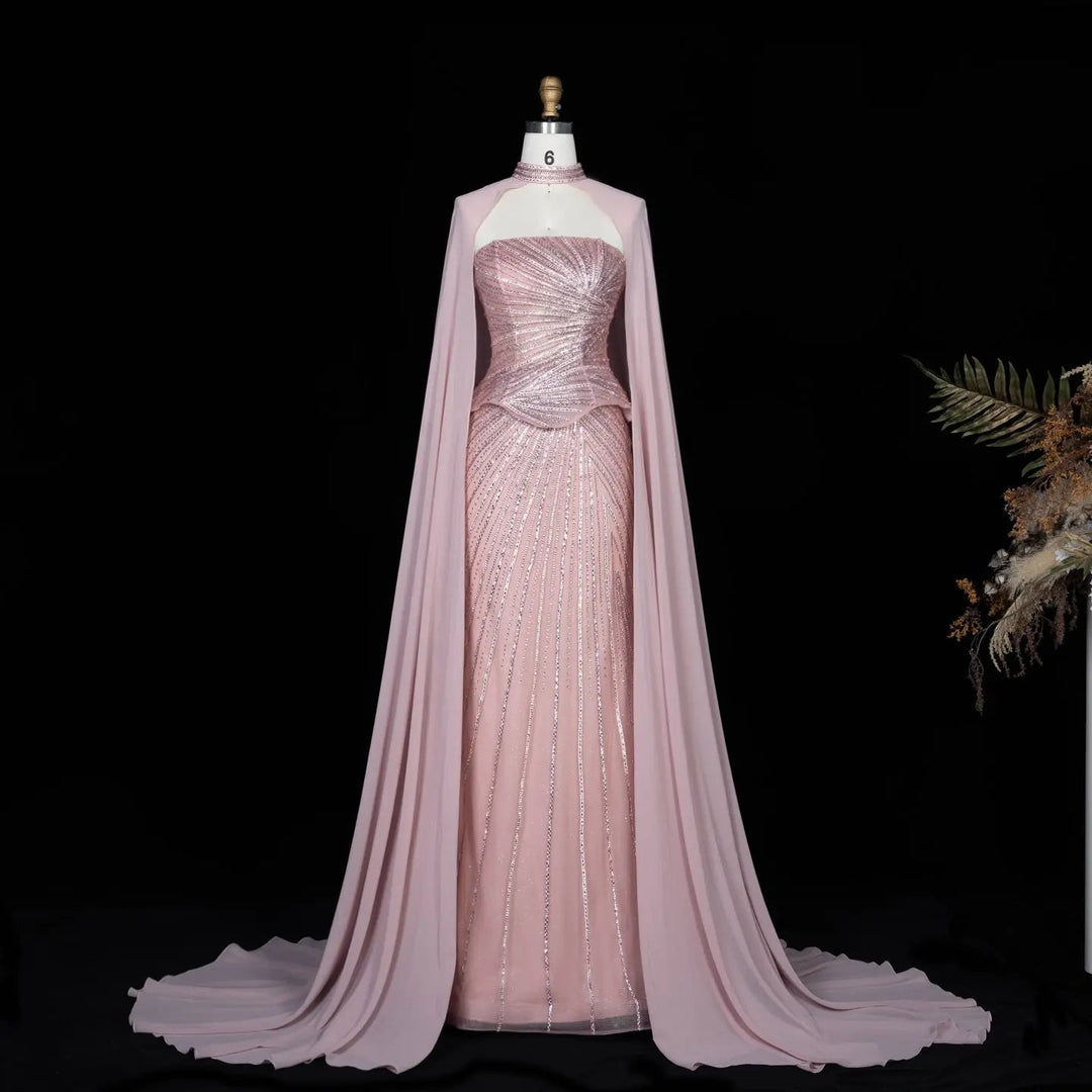 DreamyVow Pink strapless beaded sheath with flowing cape Evening Dress Prom Dress SS112