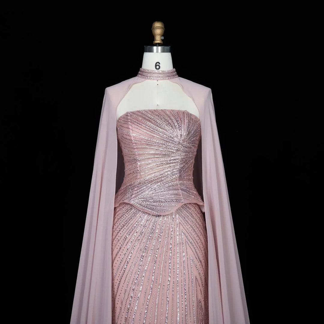 DreamyVow Pink strapless beaded sheath with flowing cape Evening Dress Prom Dress SS112