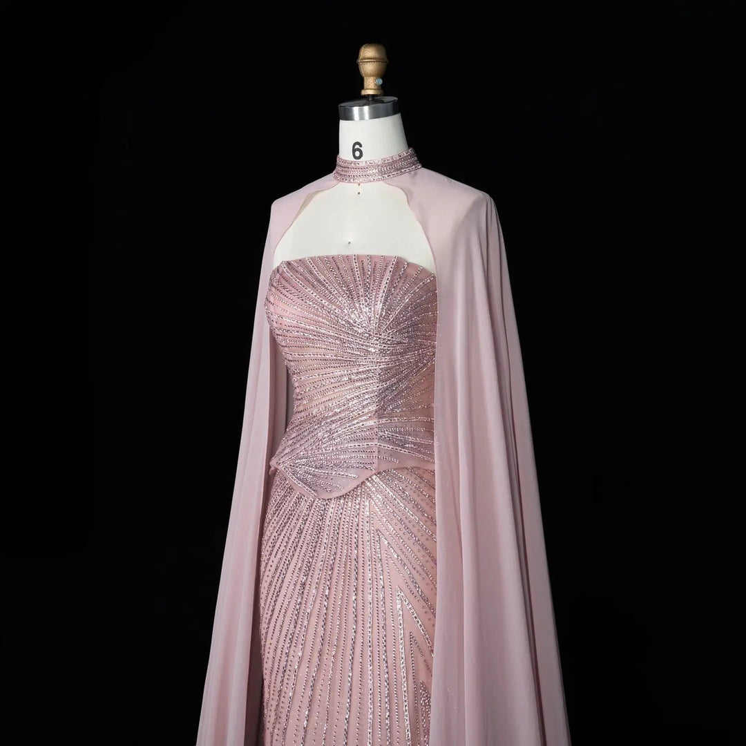 DreamyVow Pink strapless beaded sheath with flowing cape Evening Dress Prom Dress SS112