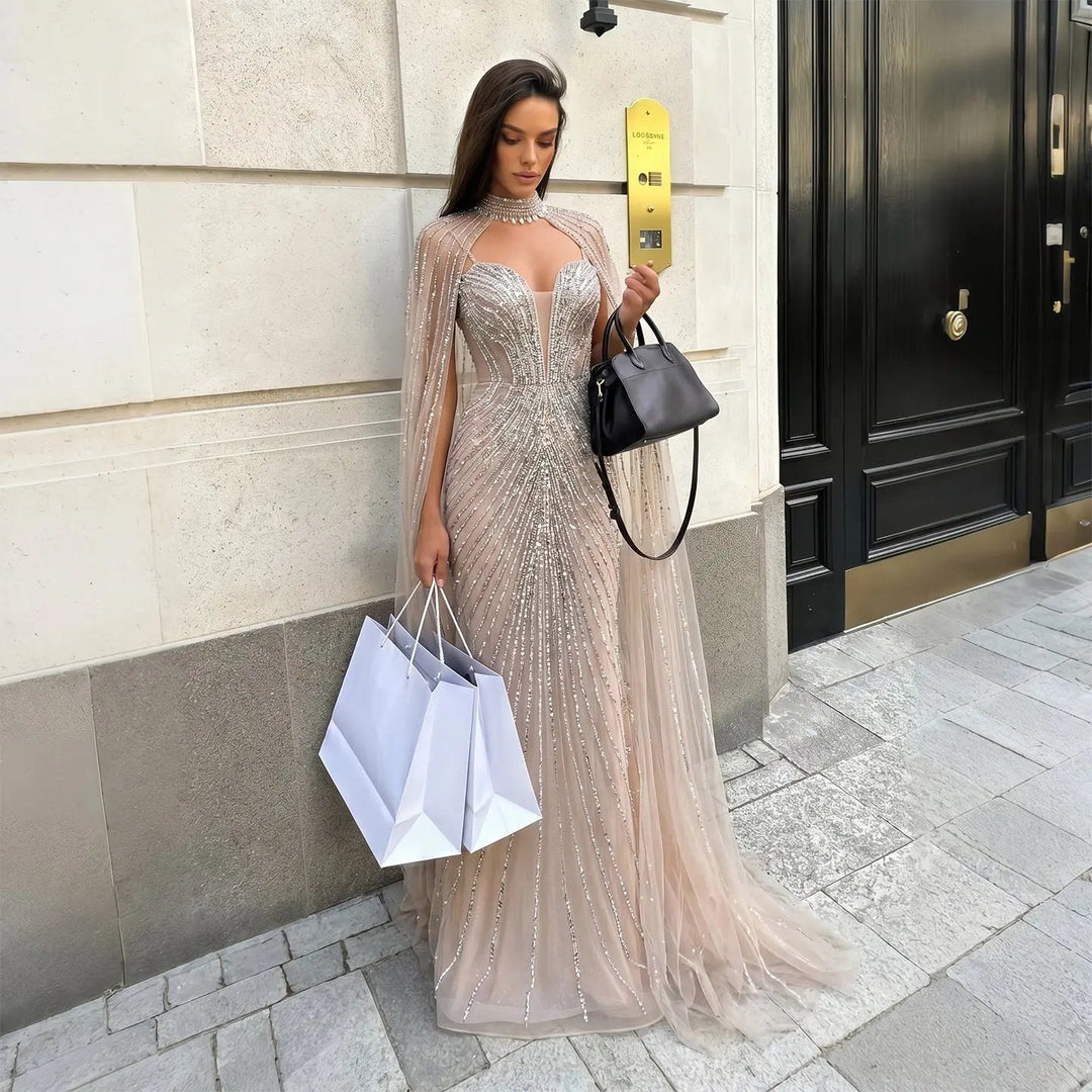 Luxury Beaded Mermaid Prom Evening Dress with Cape Sleeves SS114 – DreamyVow