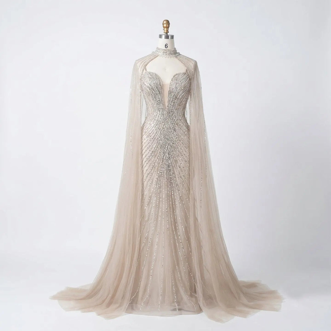 DreamyVow Champagne beaded mermaid with cape sleeves Evening Dress Prom Dress SS114