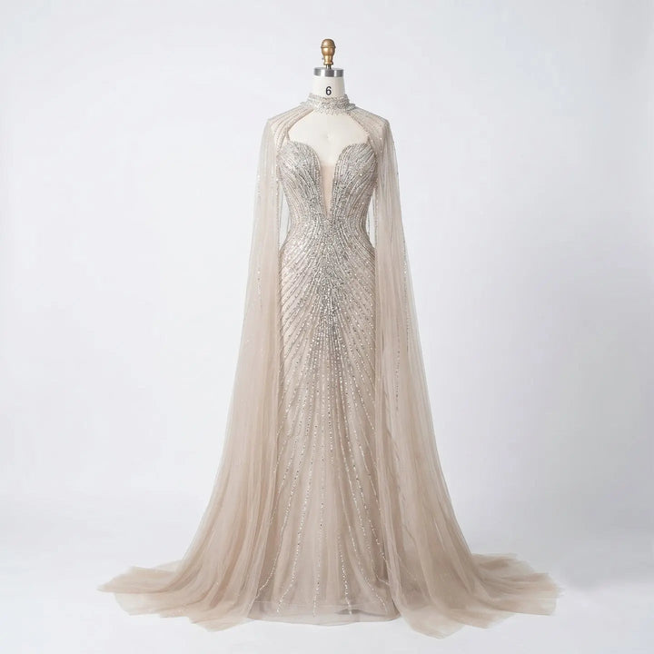 DreamyVow Champagne beaded mermaid with cape sleeves Evening Dress Prom Dress SS114