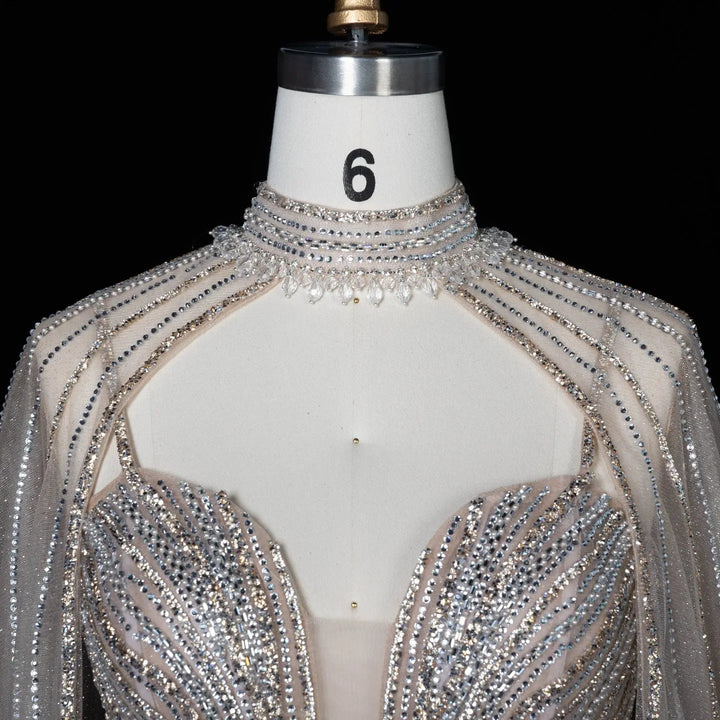 DreamyVow Champagne beaded mermaid with cape sleeves Evening Dress Prom Dress SS114