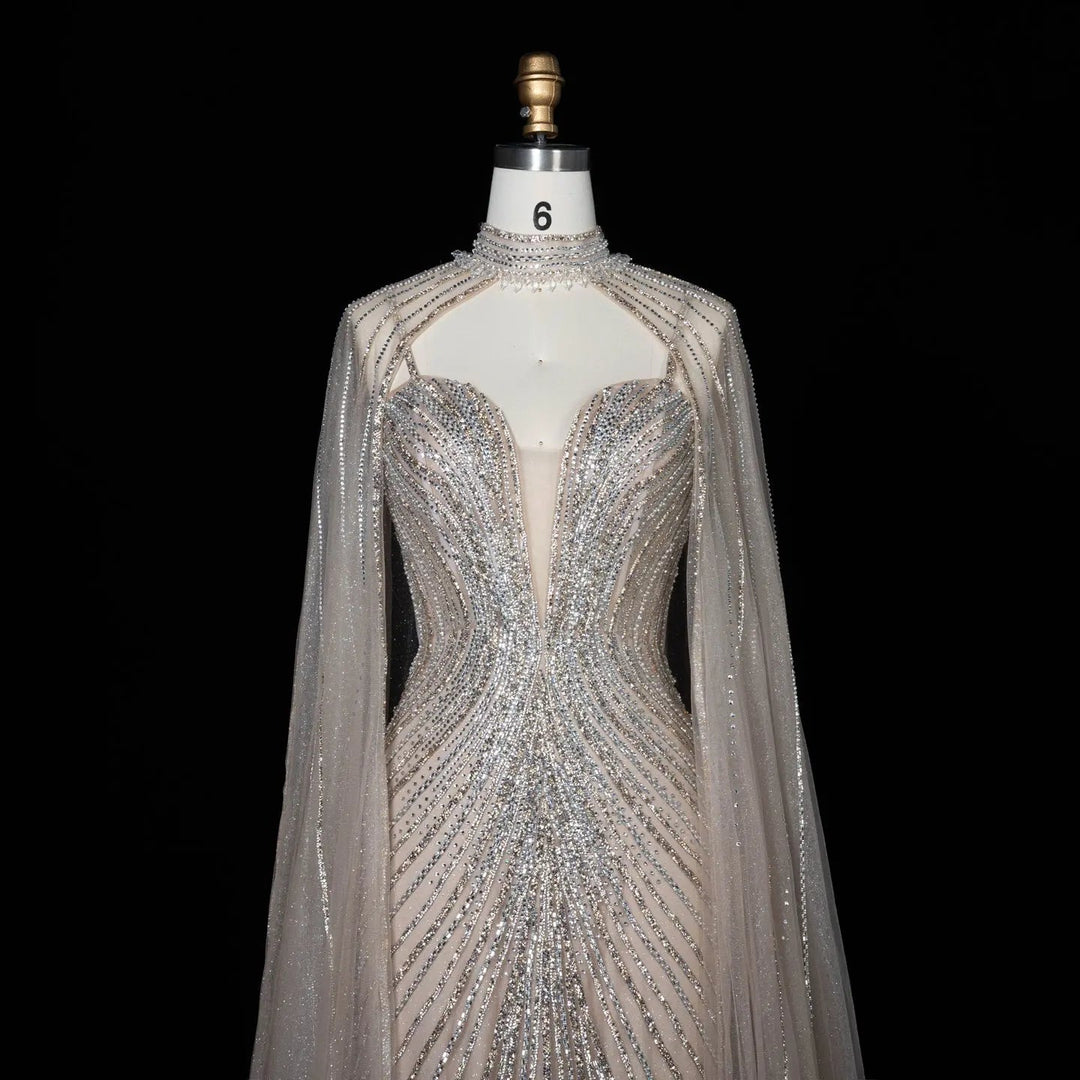 DreamyVow Champagne beaded mermaid with cape sleeves Evening Dress Prom Dress SS114