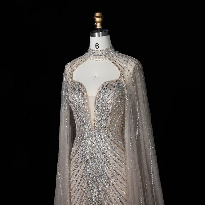 DreamyVow Champagne beaded mermaid with cape sleeves Evening Dress Prom Dress SS114