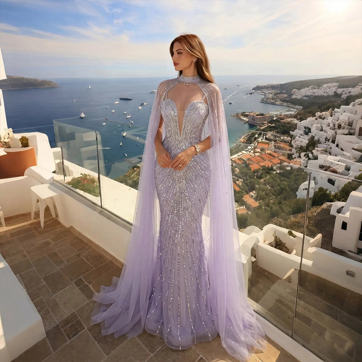 DreamyVow Lilac beaded mermaid with cape sleeves Evening Dress Prom Dress SS114