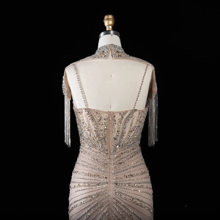 DreamyVow SS184 champagne high neck beaded mermaid evening dress back detail