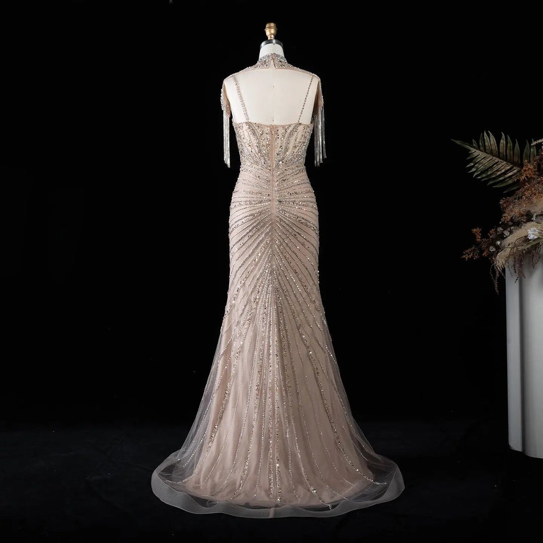 DreamyVow SS184 champagne high neck beaded mermaid evening dress full back